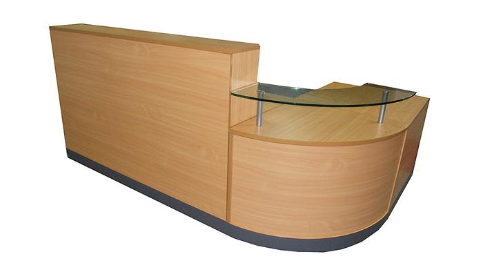 OI Reception Counter 2400 x 1600 With Glass Corner Shelf in Beech Front View