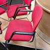 Set Of 4 Red Chrome Framed Side Chairs Holes In Fabric / Splits 