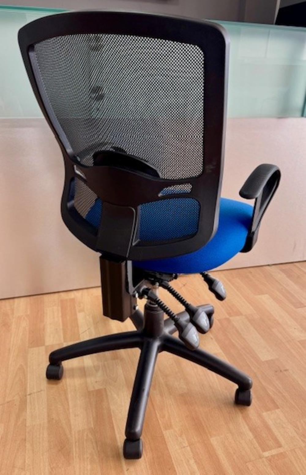 Scuba Blue Mesh Back Task Chair with Fixed Arms- Rip In Backrest