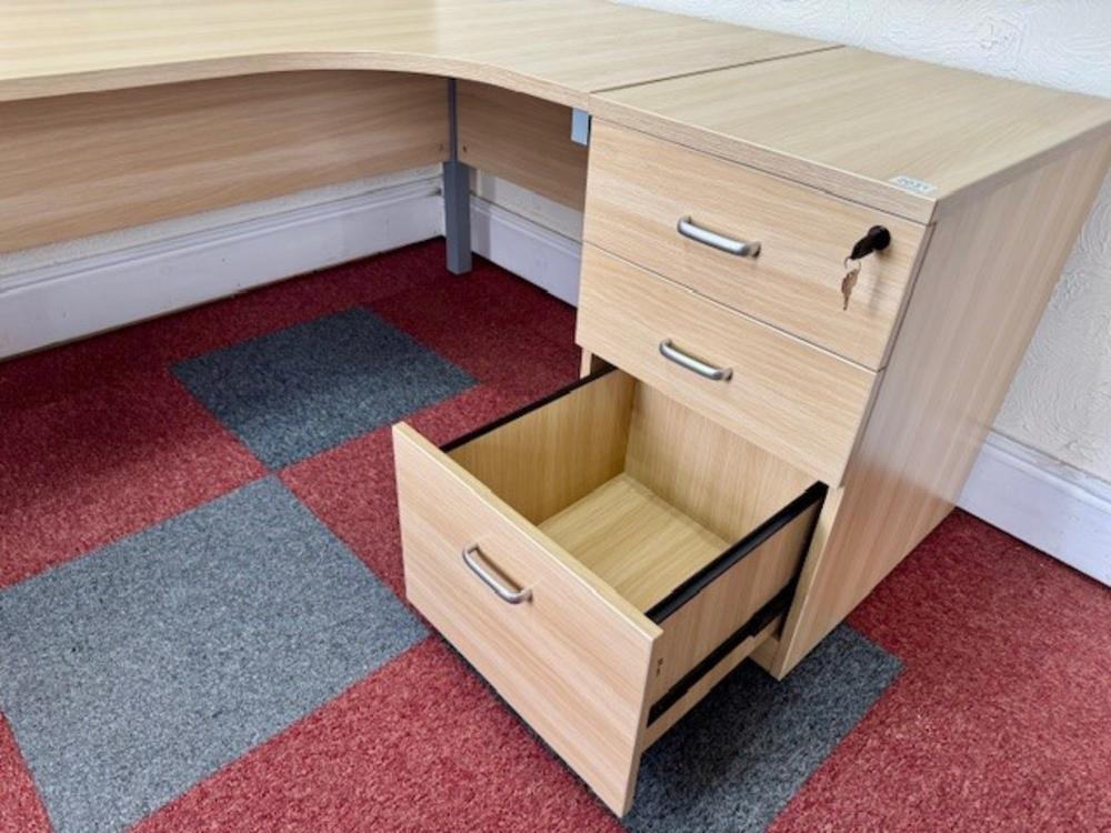 Right Handed Stone Oak Radial Desk With Lockable Pedestal Drawer