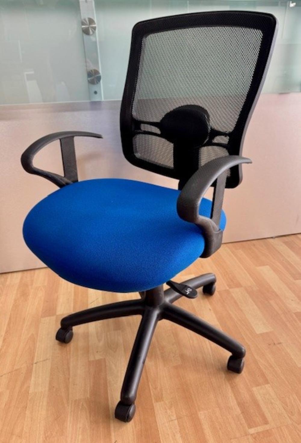 Scuba Blue Mesh Back Task Chair with Fixed Arms- Rip In Backrest