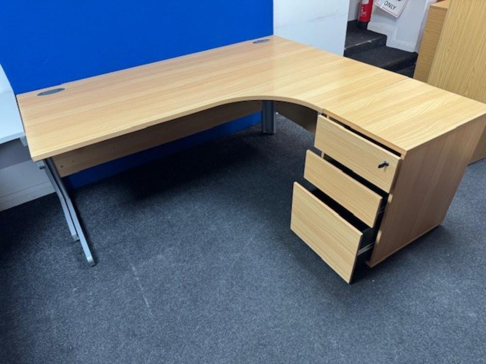 Right Hand 1800mm Radial Desk in Beech with Lockable Desk High Pedestal