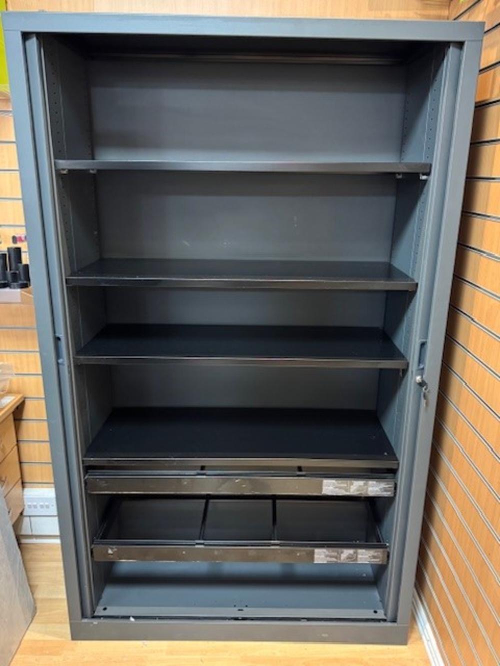 Lockable Tambour Cupboard with 4 Adjustable Shelves & 2 Roll Out Suspension Frames