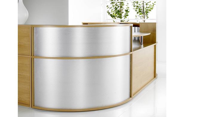 Reception Corner Unit with Metal Curved Panel.