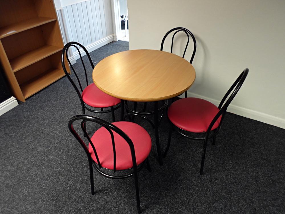 Beech Cafe Table With 4 Red Vinyl Chairs