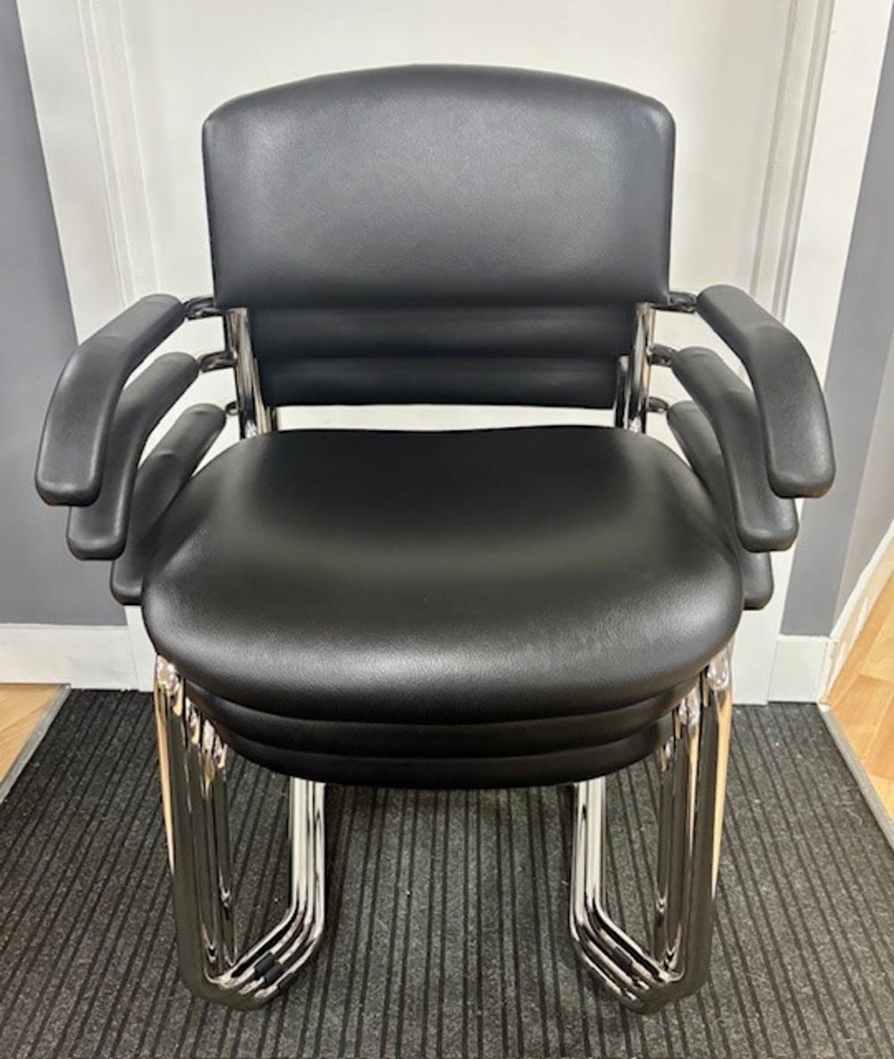 Set of 3 Black Faux Leather Cantilever Arm Chairs