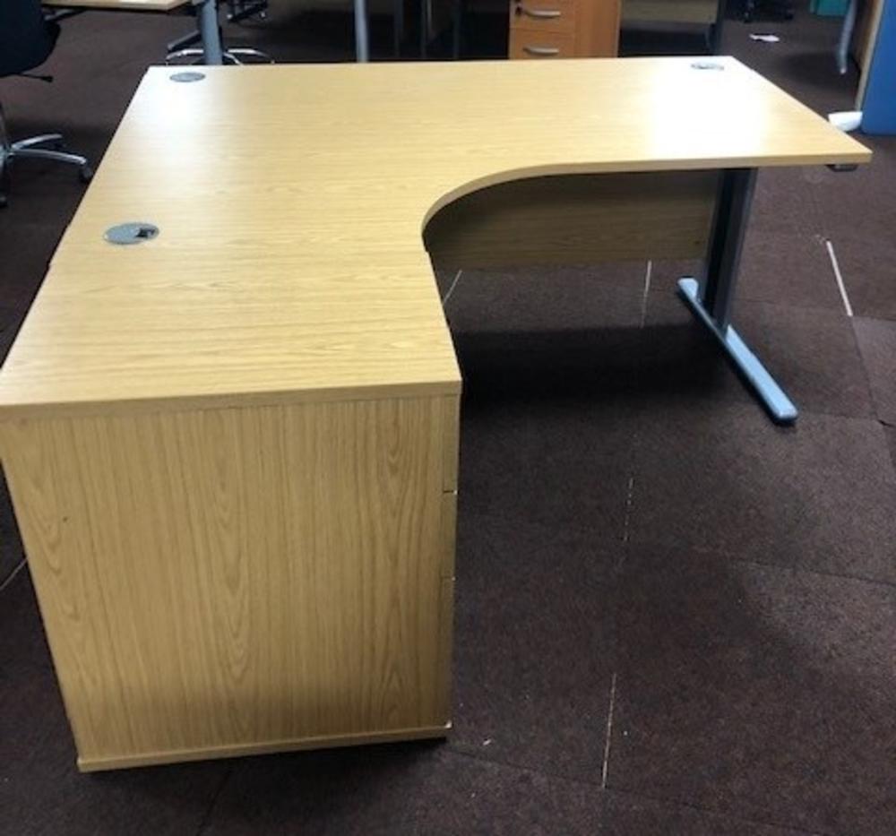 Imperial Qudos L/H Calva Oak 1600mm Radial Desk + Desk High Pedestal