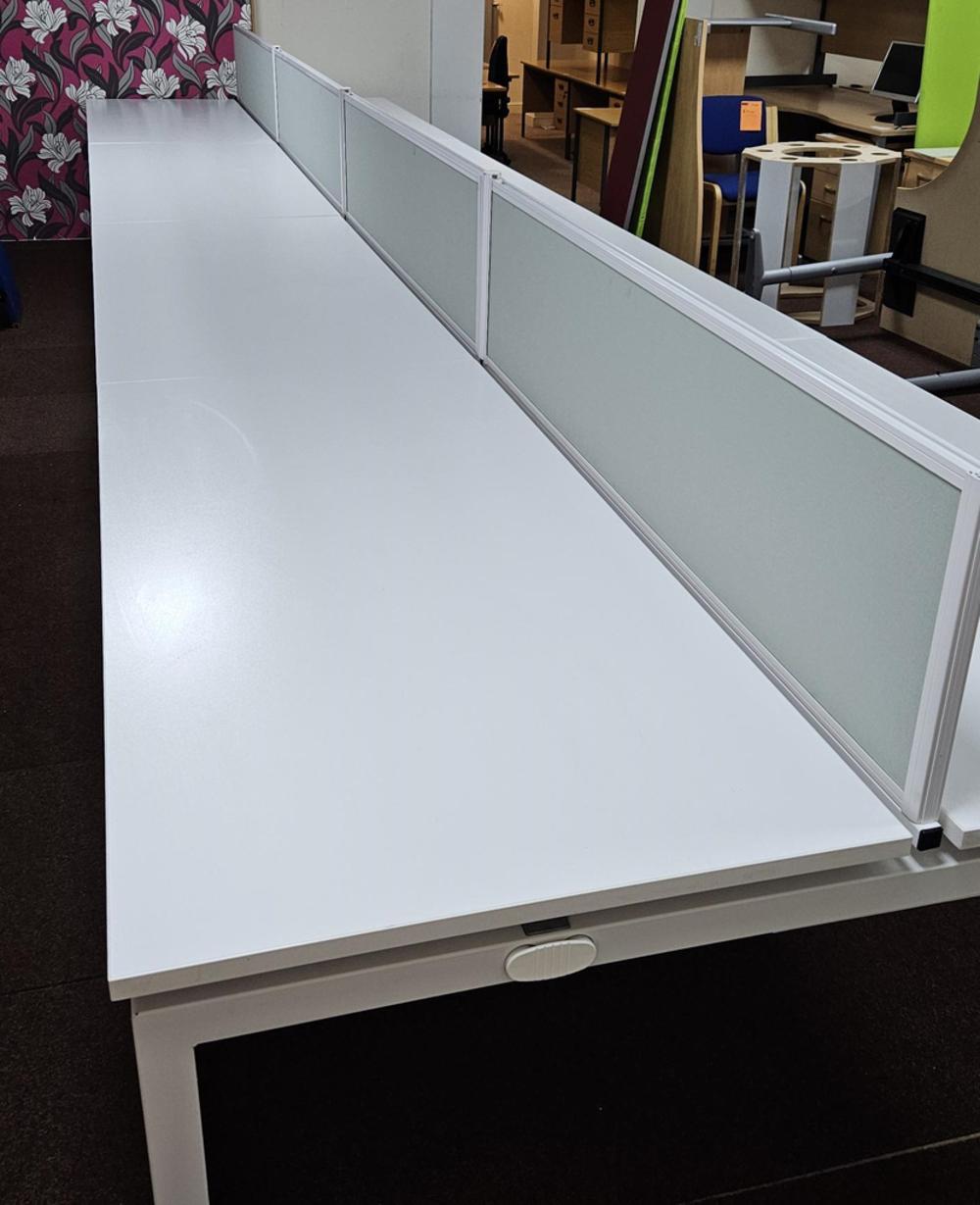 8 Person White Bench Desk with Central Screens and Cable Trays 6400x1600mm