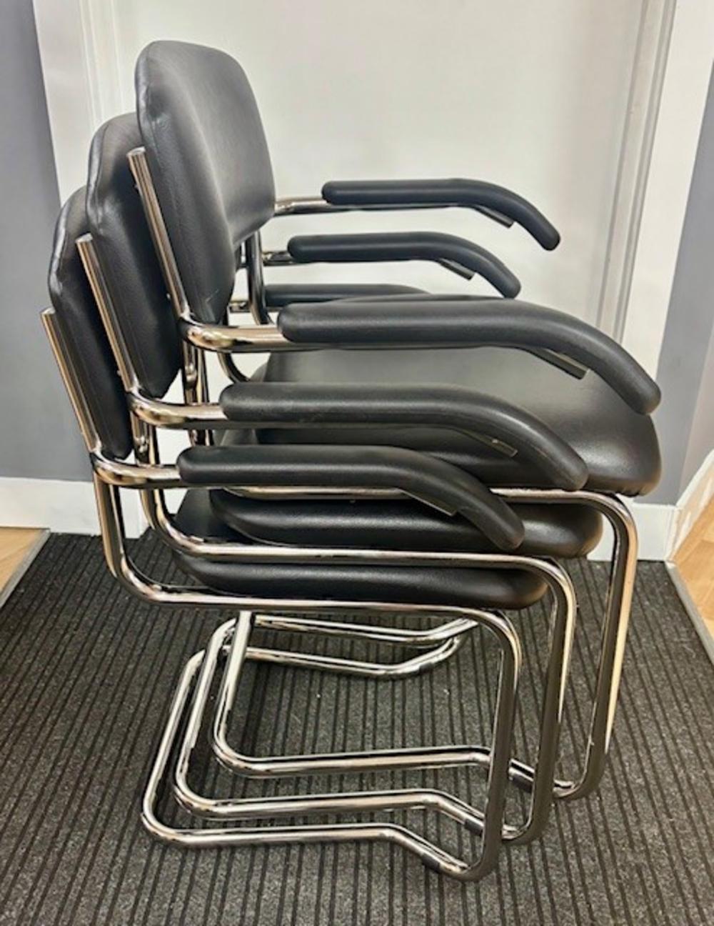 Set of 3 Black Faux Leather Cantilever Arm Chairs