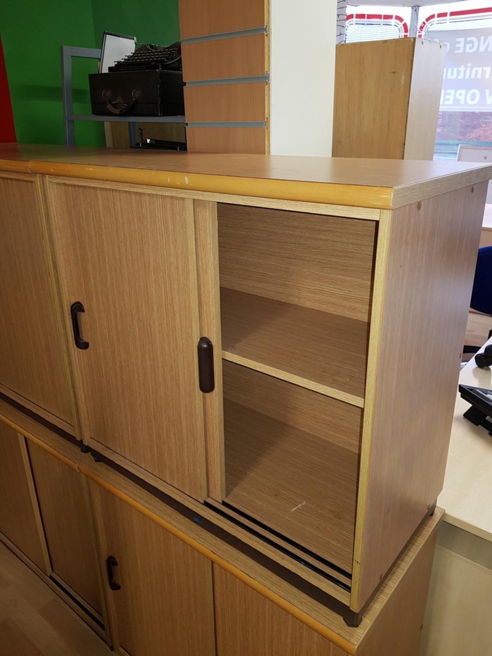 Light Oak Desk High Sliding Door Cabinet Non Locking Sos Office