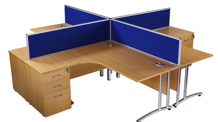 Endurance Radial Desk & Pedestals Light Oak pod with Blue Screens