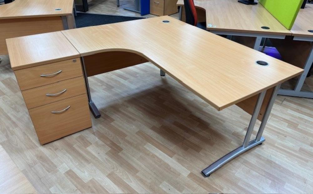 OI Radial Beech 1600mm Desk L/H with Desk High Pedestal 