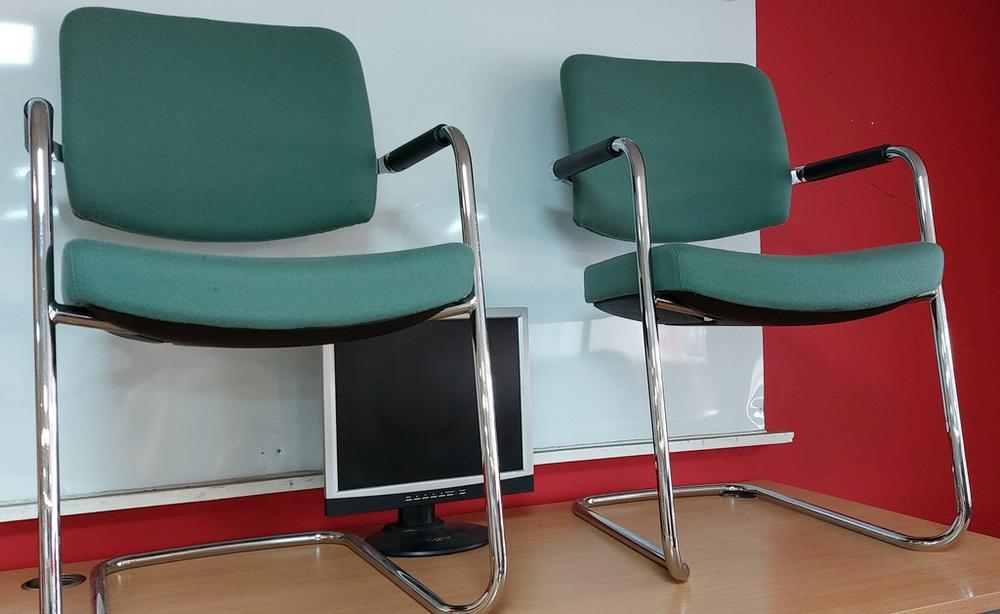 Pair Of Green Fabric Cantilever Chairs With Arms 