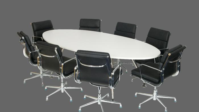 OI Oval Table shown with Charles Eames Style Swivel Meeting Chairs