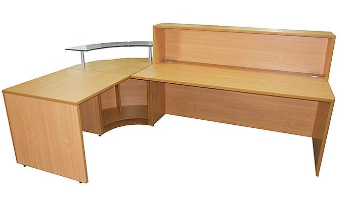 OI Reception Counter 2400 x 1600 With Glass Corner Shelf in Beech