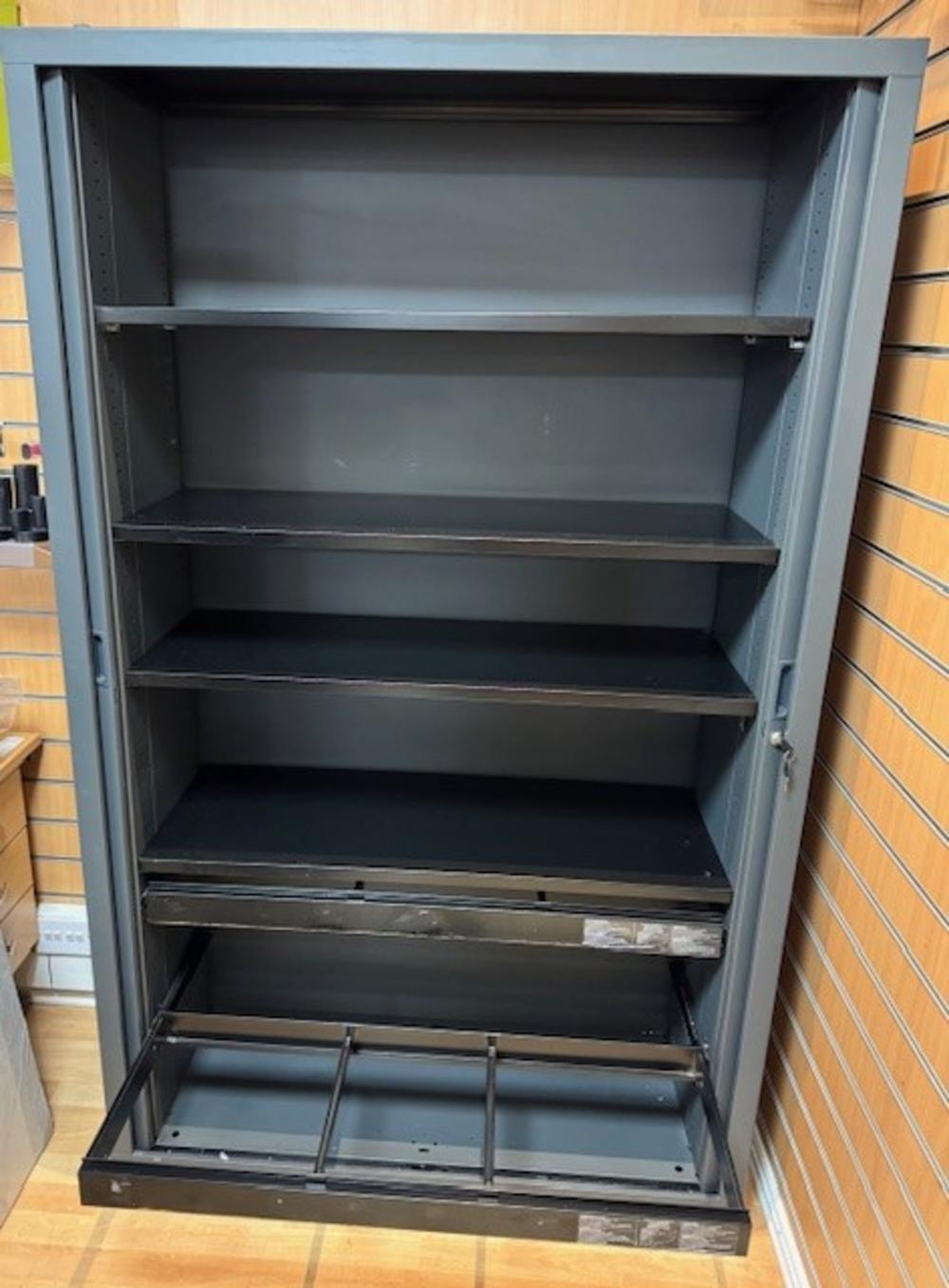 Lockable Tambour Cupboard with 4 Adjustable Shelves & 2 Roll Out Suspension Frames