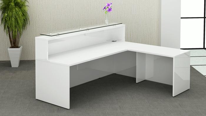 High Gloss Reception Desk with Return Unit & 12mm Tempered Glass Top 