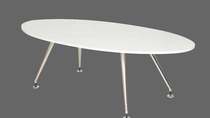OI Oval Shaped White Boardroom Table with Brushed Metal Legs 2400 x 1200mm