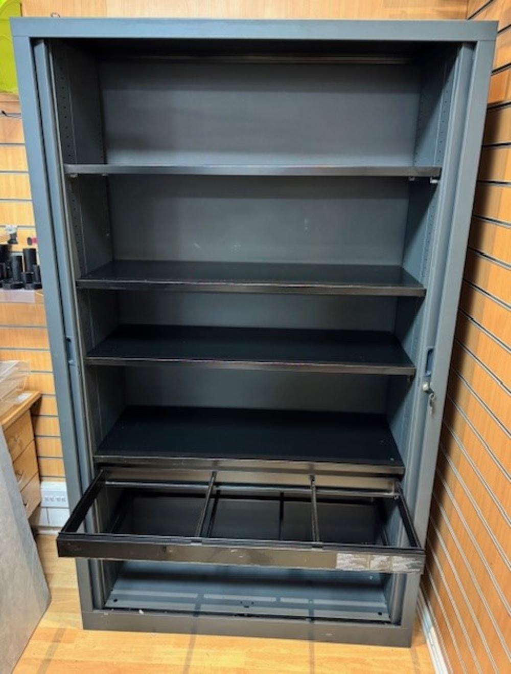 Lockable Tambour Cupboard with 4 Adjustable Shelves & 2 Roll Out Suspension Frames