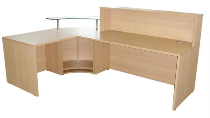 OI Reception Counter 2400 x 1600 With Glass Corner Shelf in Light Oak
