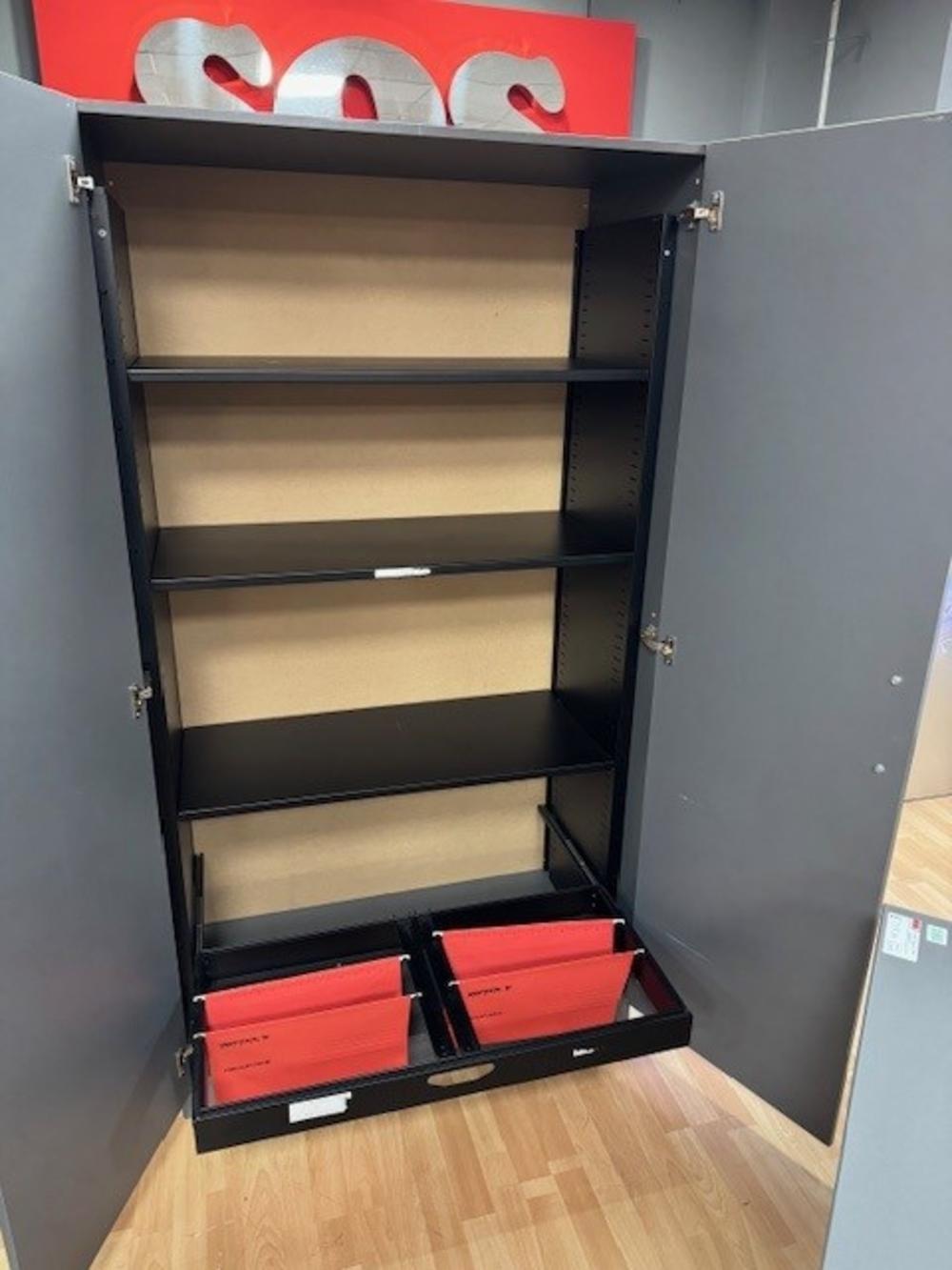 Graphite Double door Cupboard with Metal Shelves & Roll Out Suspension File Frame