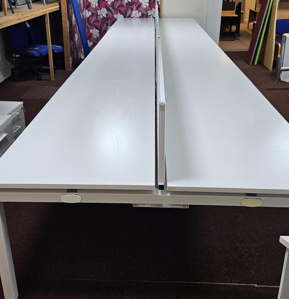 8 Person White Bench Desk with Central Screens and Cable Trays 6400x1600mm