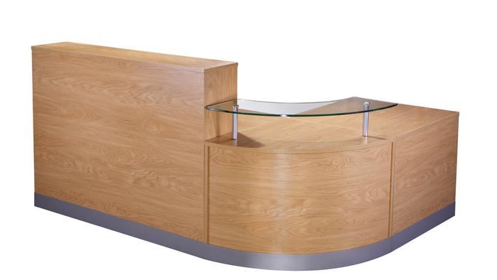 OI Reception Counter 2400 x 1600 With Glass Corner Shelf in Oak Front View
