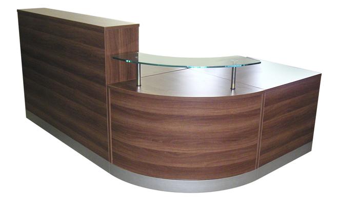 OI Reception Counter 2400 x 1600 With Glass Corner Shelf in Dark Walnut