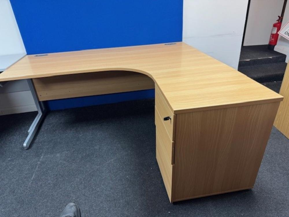 Right Hand 1800mm Radial Desk in Beech with Lockable Desk High Pedestal