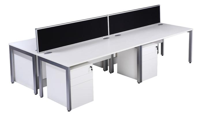 OI Bench Style desks with Metal Pedestals and Privacy Screens