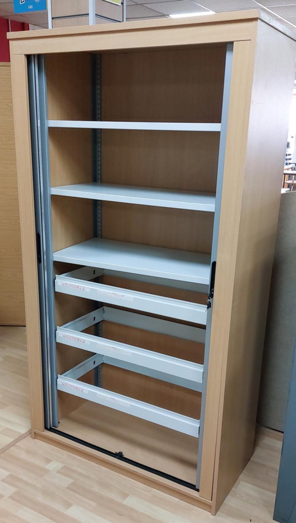 Beech 2000mm Tambour Cupboard with Shelves and Rollout Suspension Frames