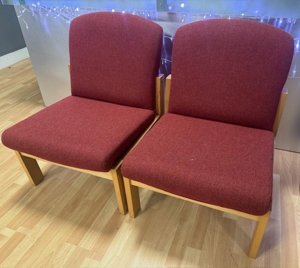 Pair of Low Level Reception Chair in Burgundy Fabric with Oak Frame 