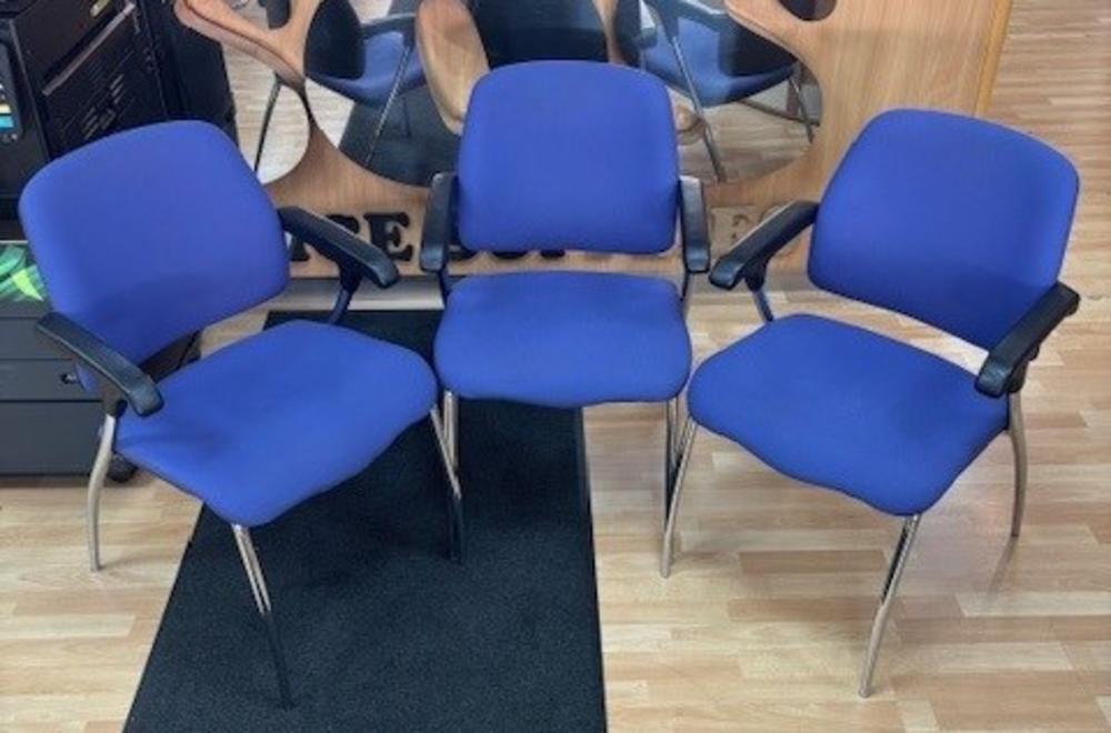 Set of 3 Blue Side Chairs with Fixed Arms and Chrome Legs