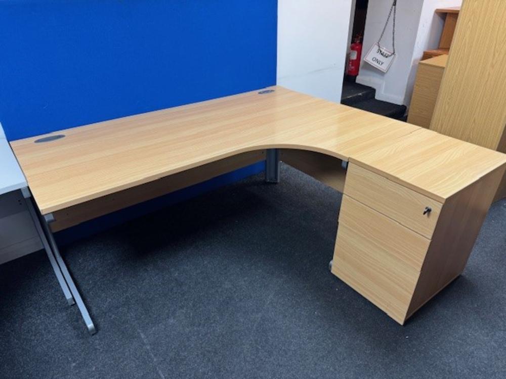 Right Hand 1800mm Radial Desk in Beech with Lockable Desk High Pedestal