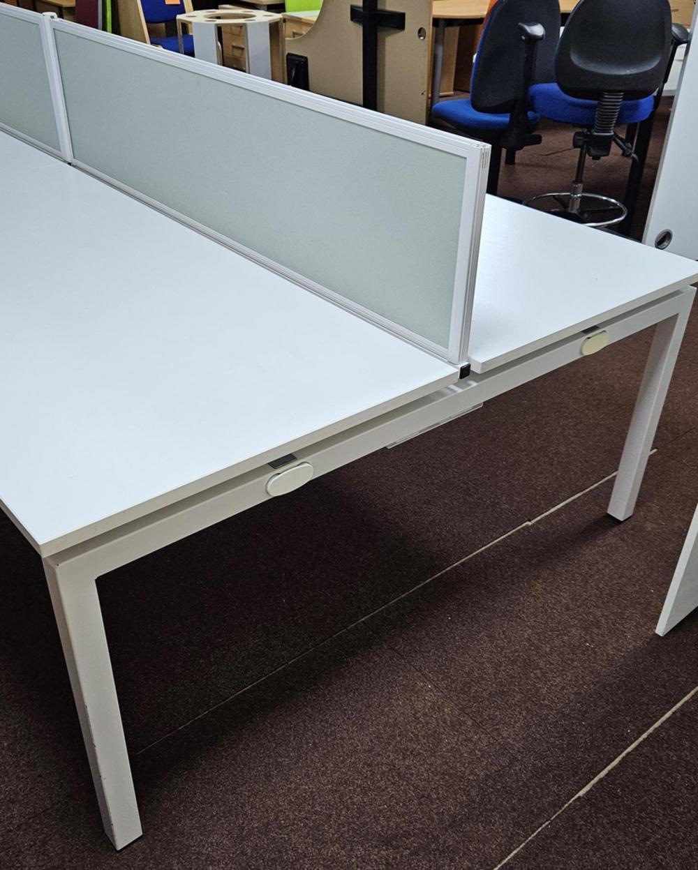 8 Person White Bench Desk with Central Screens and Cable Trays 6400x1600mm