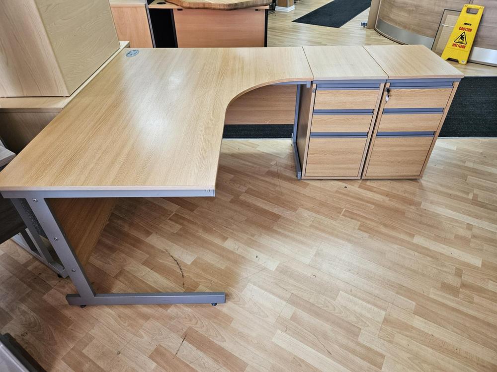 Light Oak Radial Desk With 2x Desk High Pedestals 