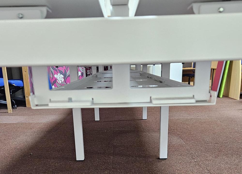 8 Person White Bench Desk with Central Screens and Cable Trays 6400x1600mm