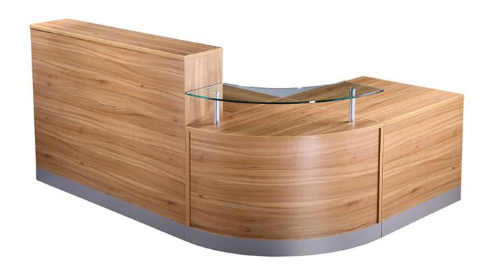 OI Reception Counter 2400 x 1600 With Glass Corner Shelf in American Black Walnut Front View