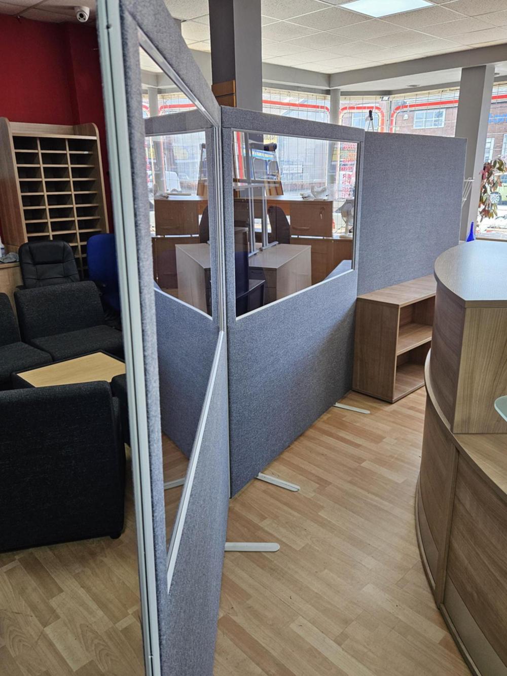 Grey Fabric 3x Section Floor Standing Screens With Windows