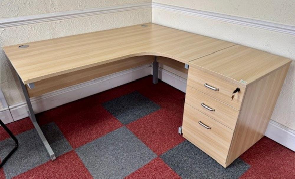 Right Handed Stone Oak Radial Desk With Lockable Pedestal Drawer